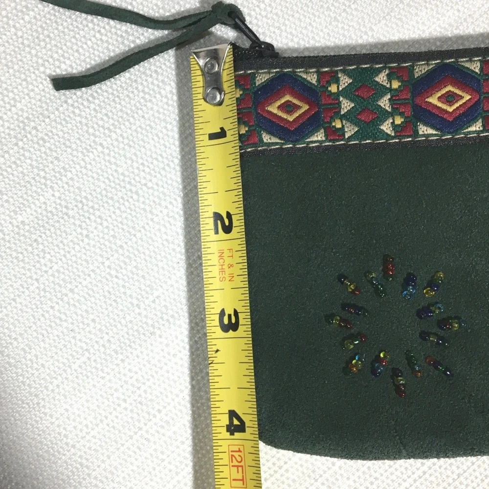 Green Suede Pouch Southwestern Beaded Zippered Small Bag Cosmetic‎ Travel